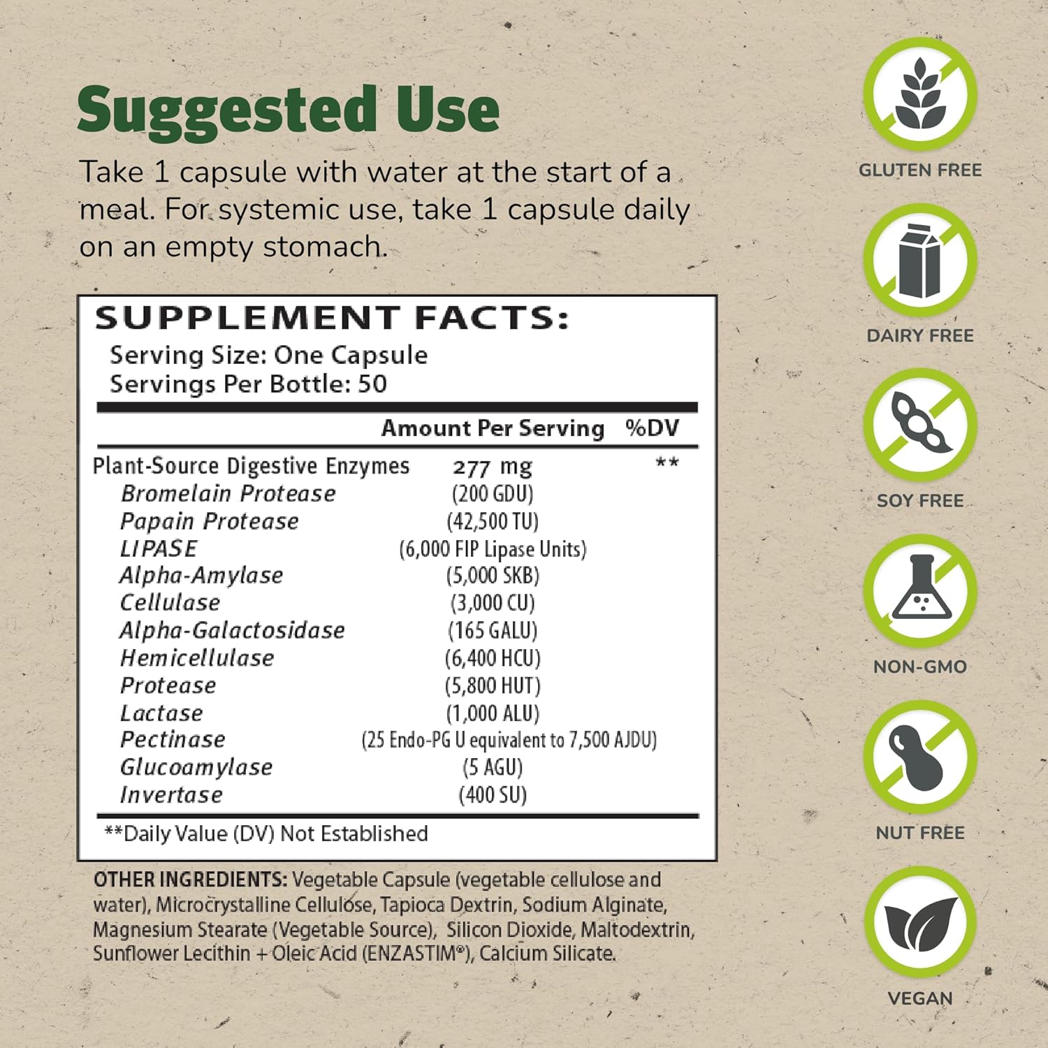 Supplement facts for Master Supplements Enzalase Digestive Enzymes showing suggested use and serving size information.