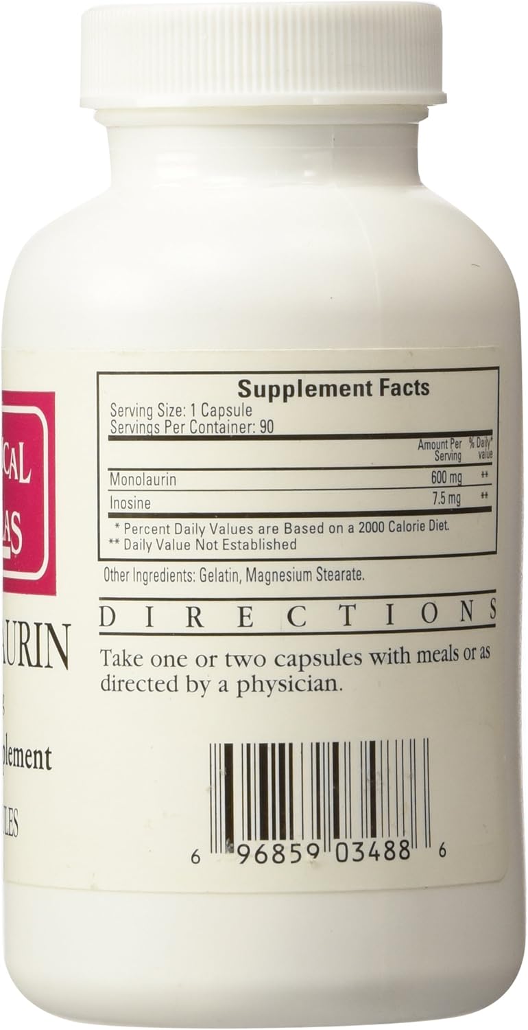 Ecological Formulas Monolaurin 600mg supplement facts and directions, 90 capsules bottle.