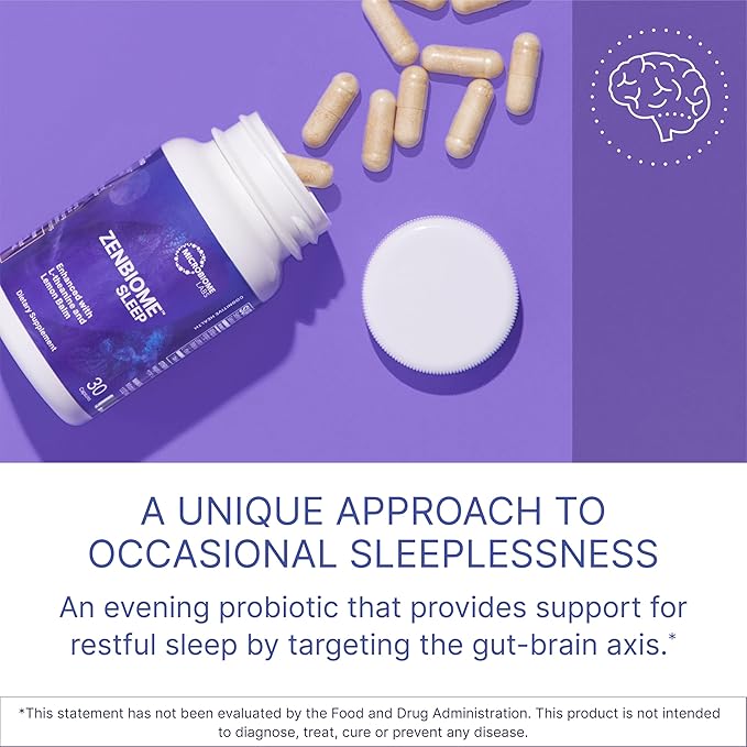 Microbiome Labs ZenBiome Sleep 30 Capsules on purple background with capsules, supports relaxation and restful sleep.