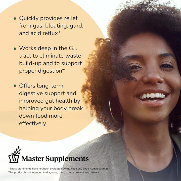 Smiling woman promoting Master Supplements Enzalase digestive enzymes for relief and digestive support.