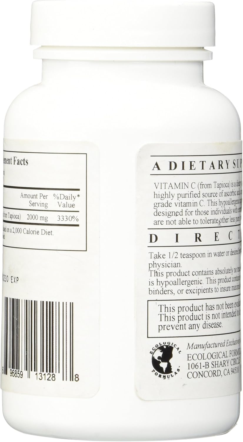 Ecological Formulas Vitamin C From Tapioca Powder 150g supplement bottle with nutrition facts and usage directions.