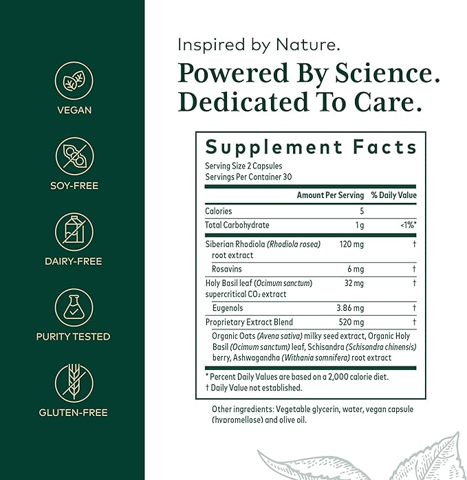 Supplement facts for Gaia Herbs HPA Axis Daytime Maintenance Adrenal Support capsules, vegan and gluten-free ingredients.