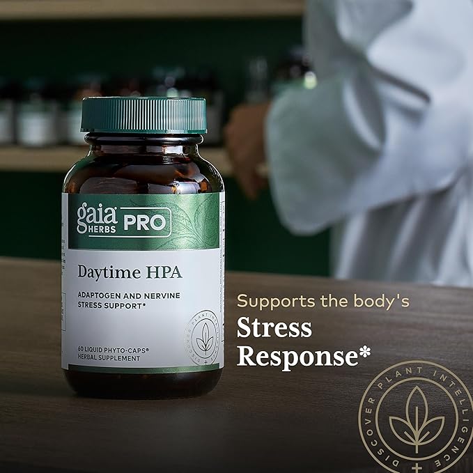 Gaia Herbs Daytime HPA bottle on table, promoting stress response support and energy formula.
