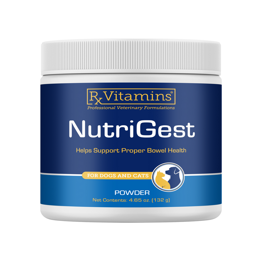 Rx Vitamins For Pets NutriGest Powder 4.65 Oz helps support proper bowel health for dogs and cats.