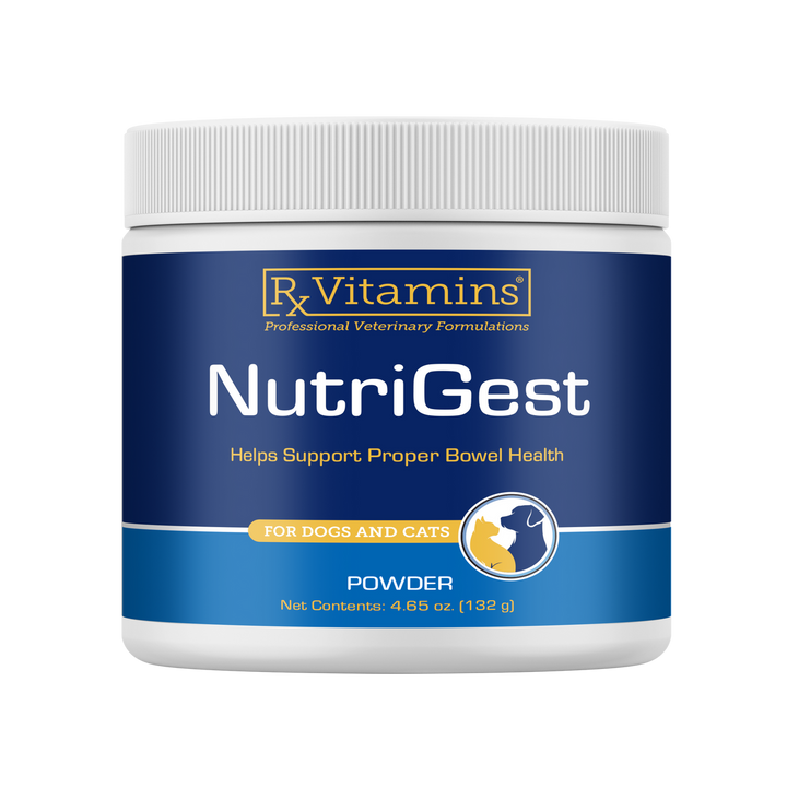 Rx Vitamins For Pets NutriGest Powder 4.65 Oz helps support proper bowel health for dogs and cats.