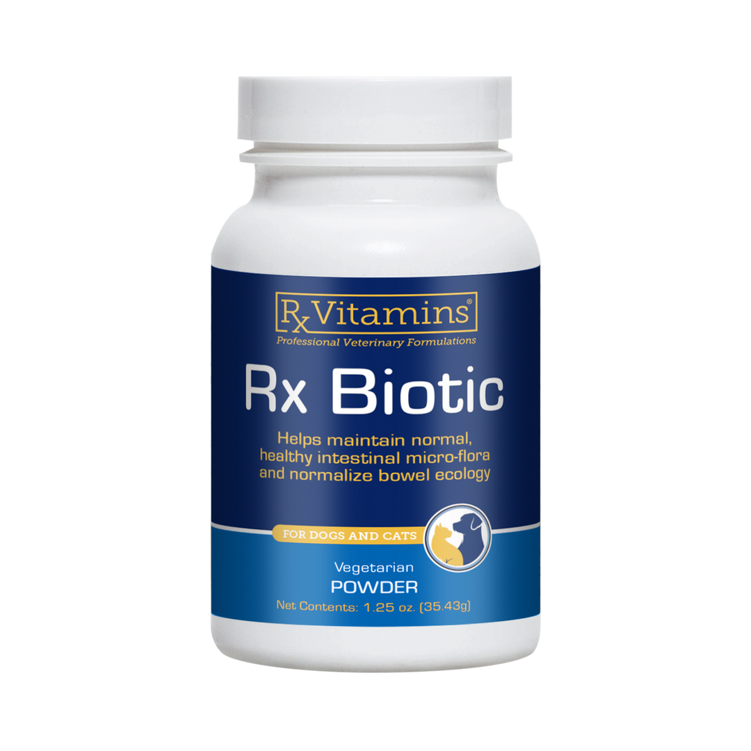 Rx Vitamins Rx Biotic 1.25 Oz vegetarian powder for dogs and cats to support gut health and bowel ecology.