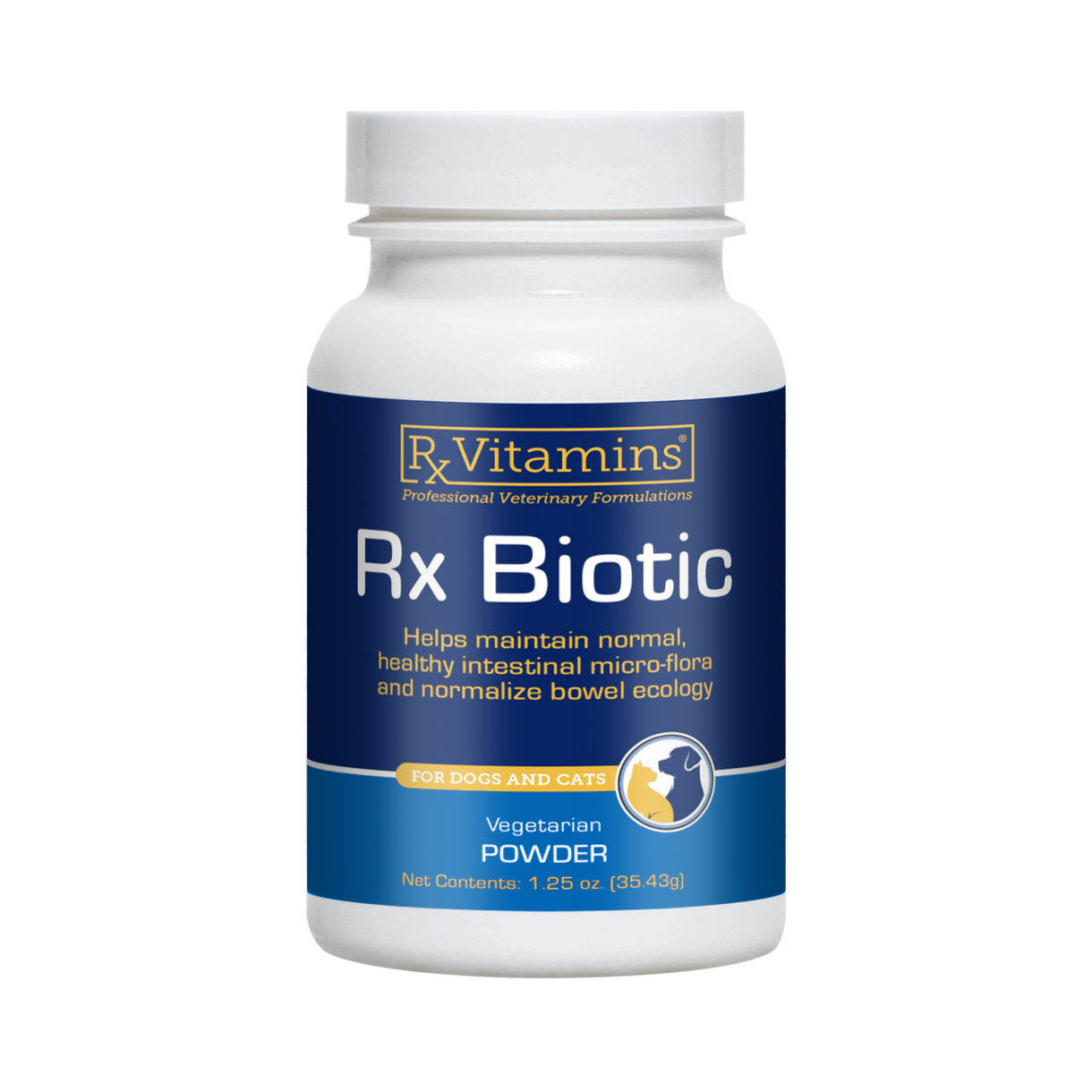 Rx Vitamins Rx Biotic 1.25 Oz vegetarian powder for dogs and cats to support gut health and bowel ecology.