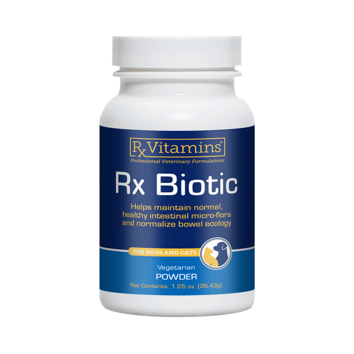 Rx Vitamins Rx Biotic 1.25 Oz vegetarian powder for dogs and cats to support gut health and bowel ecology.