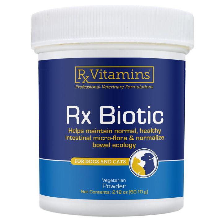 Rx Vitamins For Pets Rx Biotic Digestive Health Powder 2.12 Oz for dogs and cats in a blue container.