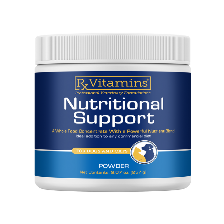 Rx Vitamins For Pets Nutritional Support 9.07 Oz supplement for dogs and cats in a blue container.