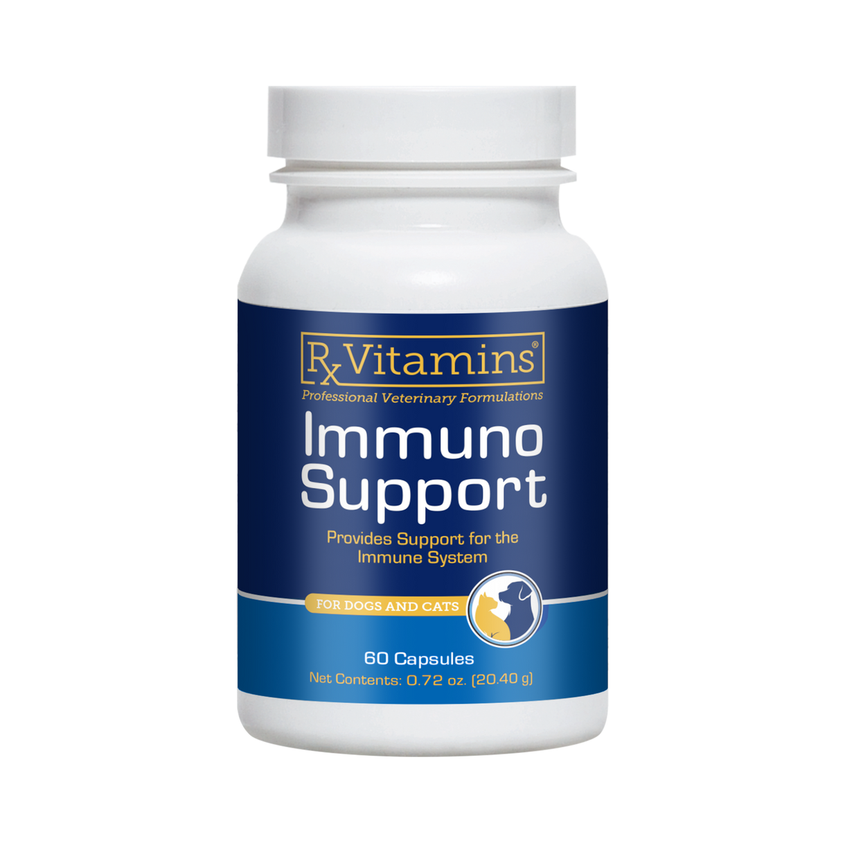 Rx Vitamins for Pets Immuno Support 60 Caps bottle for dogs and cats, providing immune system support.