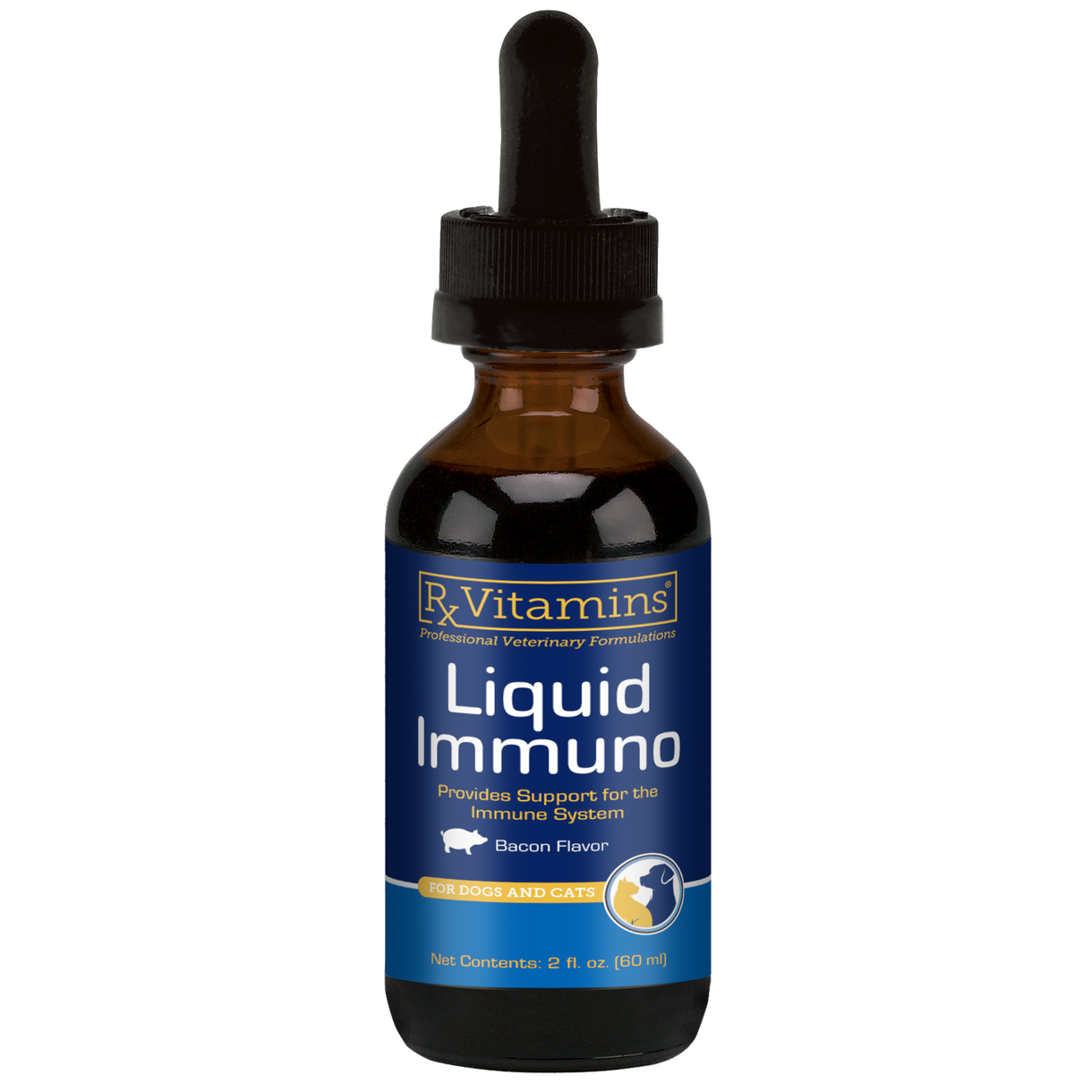 Rx Vitamins For Pets Liquid Immuno Original 2 OZ Natural Solution supplement for cats and dogs in a glass dropper bottle.