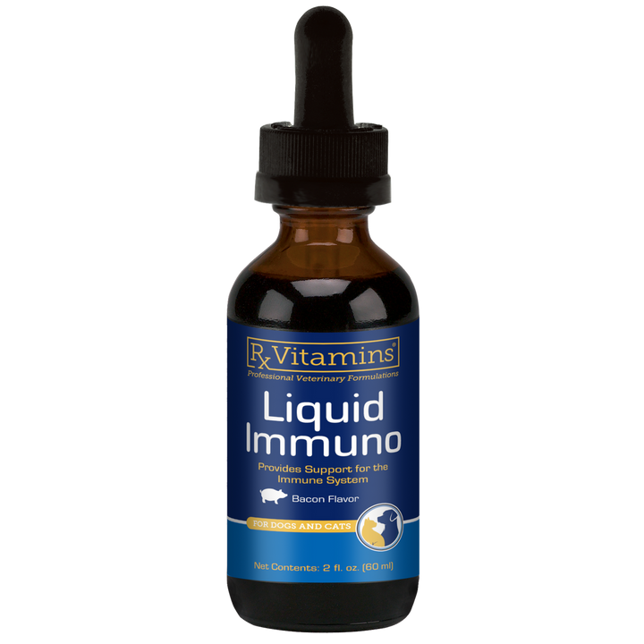Rx Vitamins For Pets Liquid Immuno Original 2 OZ Natural Solution supplement for cats and dogs in a glass dropper bottle.