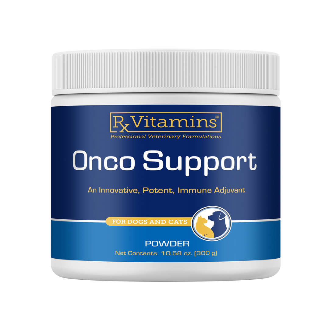 Rx Vitamins For Pets Onco Support 300g Immune Supplement for Dogs and Cats in a powder container.