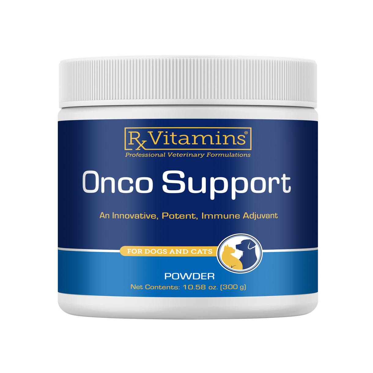 Rx Vitamins For Pets Onco Support 300g Immune Supplement for Dogs and Cats in a powder container.