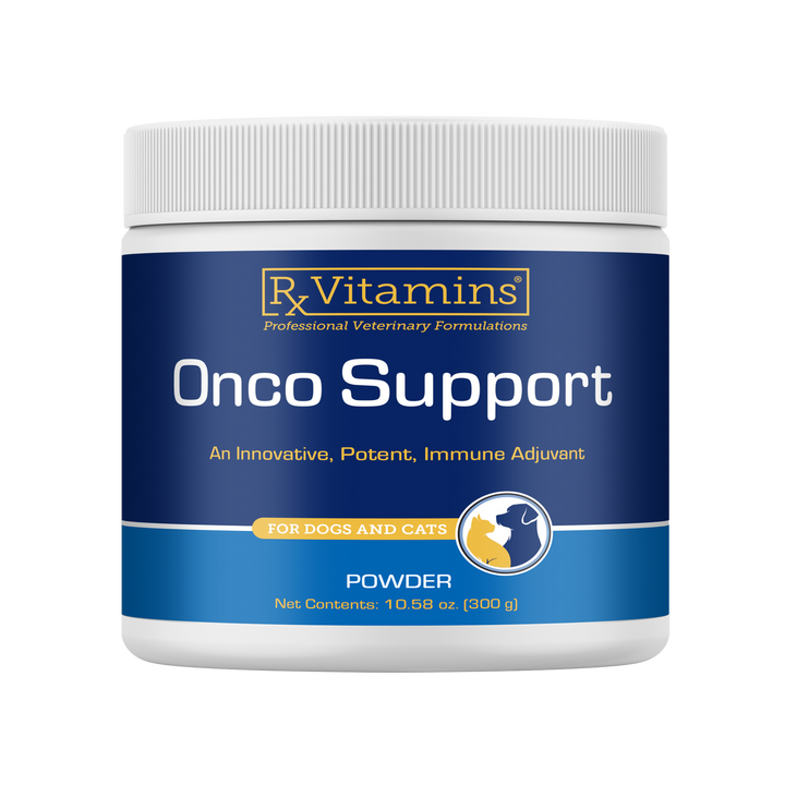 Rx Vitamins For Pets Onco Support 300g Immune Supplement for Dogs and Cats in a powder container.