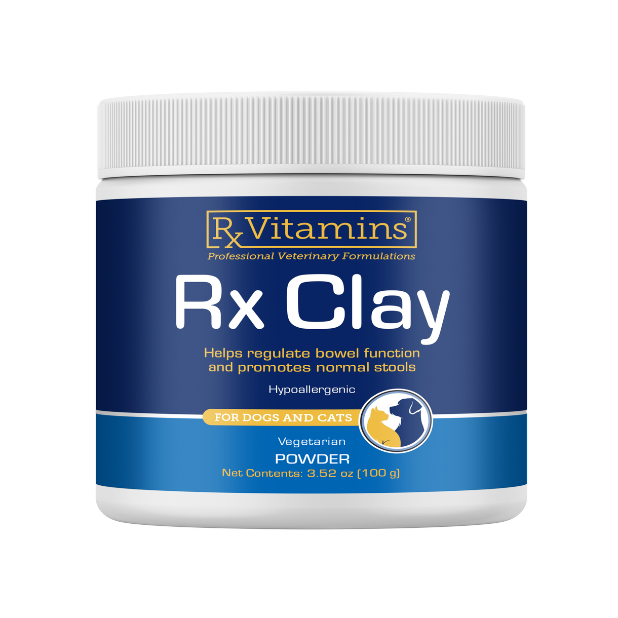 Rx Vitamins For Pets Rx Clay 100g container for intestine support in dogs and cats, promotes normal stools and digestive health.