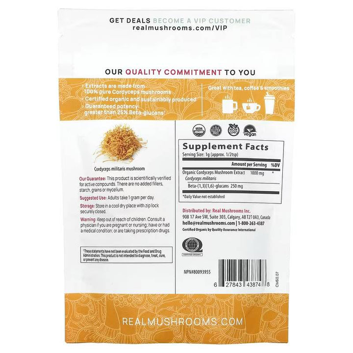 Back view of Real Mushrooms Cordyceps Organic Mushroom Extract Bulk Powder 60 grams packaging with supplement facts.