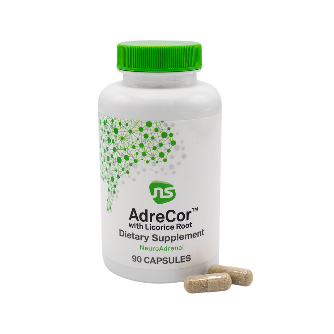 NeuroScience AdreCor with Licorice Root dietary supplement bottle and capsules, promotes energy and supports cortisol levels.