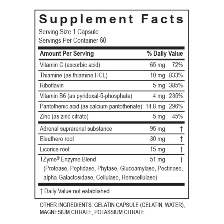 Supplement facts for Transformation Enzymes Digest showing vitamins, minerals, and enzyme blend per capsule.