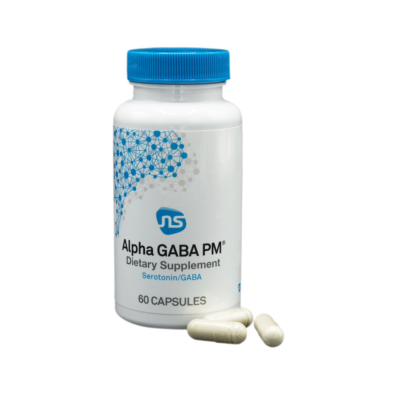 NeuroScience Alpha GABA PM dietary supplement bottle with 60 capsules for sleep relaxation support.
