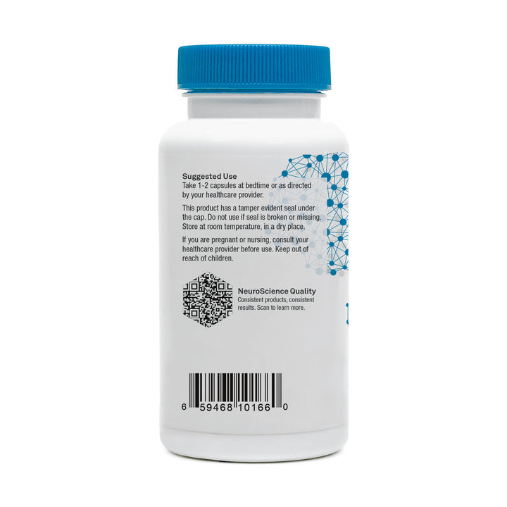 NeuroScience Alpha GABA PM supplement bottle back label with dosage instructions and quality information.