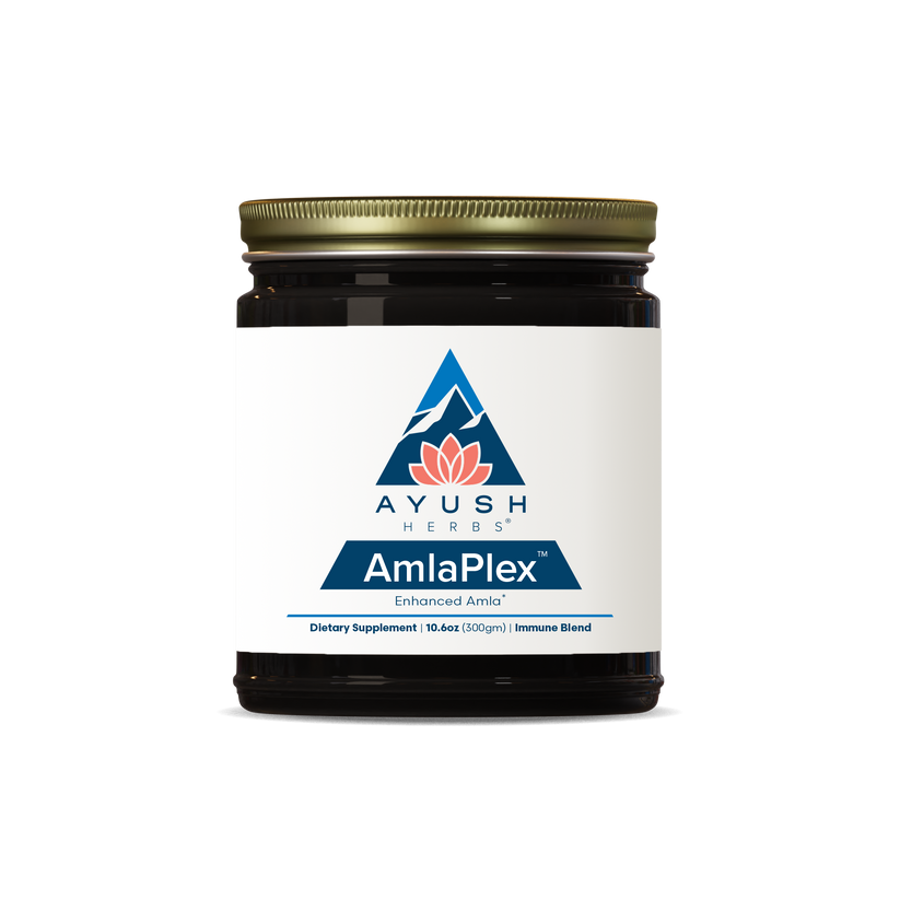 Ayush Herbs Amla Plex Immune Support Supplement jar with logo and label design.