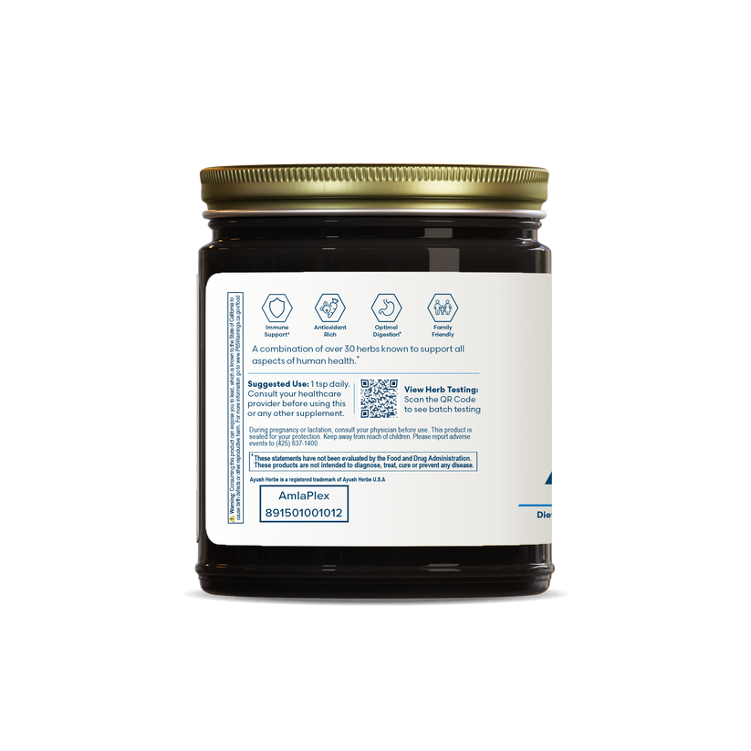 Ayush Herbs Amla Plex Immune Support Supplement 360 Gm Powder jar showing detailed label and health benefits