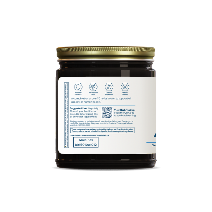 Ayush Herbs Amla Plex Immune Support Supplement 360 Gm Powder jar showing detailed label and health benefits