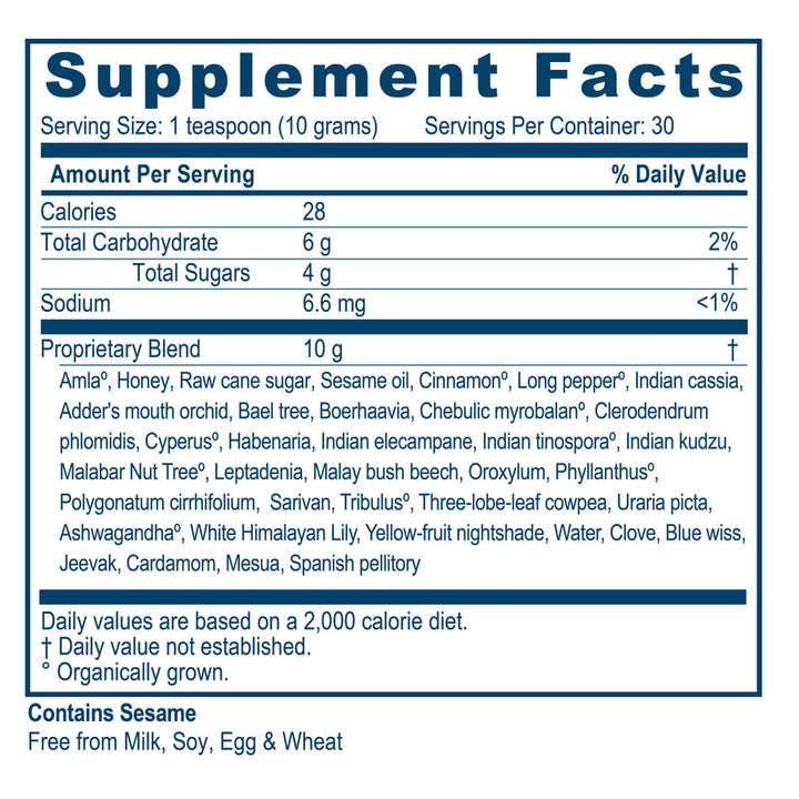 Supplement facts for Ayush Herbs Amla Plex Immune Support Supplement showing serving size and proprietary blend ingredients.