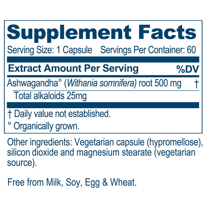 Supplement Facts for Ayush Herbs Ashwagandha 500mg, featuring servings of 60 capsules and ingredients list.