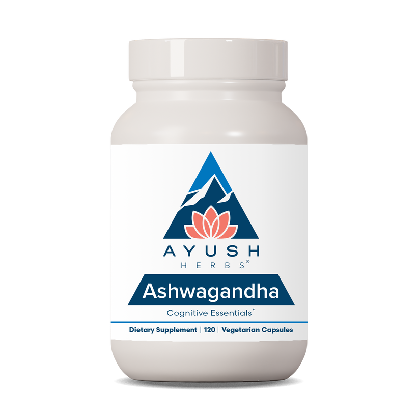 Ayush Herbs Ashwagandha Adaptogen Anti-aging supplement bottle with 120 vegetarian capsules on white background.