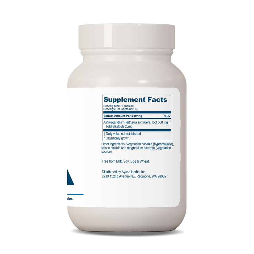 Ayush Herbs Ashwagandha Adaptogen Supplement Facts label on a white bottle with 60 veg caps of 500mg each.