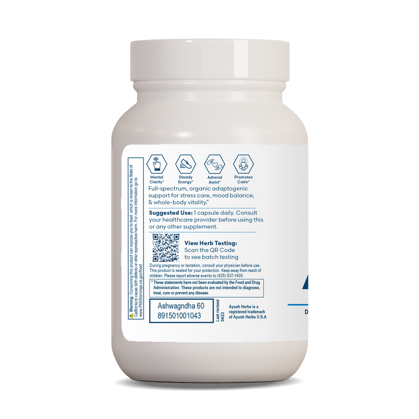 Ayush Herbs Ashwagandha Adaptogen Anti-aging 60 Veg Caps featuring product details and suggested use.
