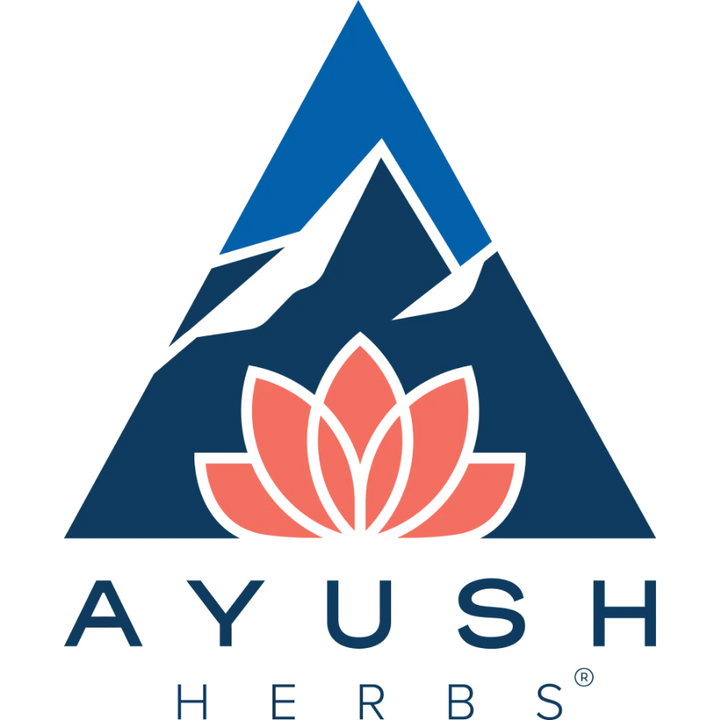 Ayush Herbs logo featuring a mountain and lotus design representing health and wellness.