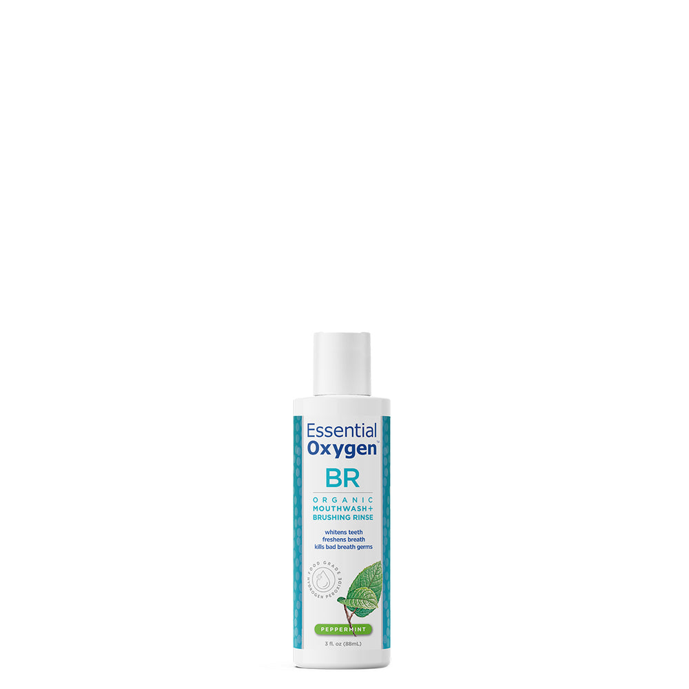 Essential Oxygen Brushing Rinse 3 oz bottle for fresh breath and oral health.