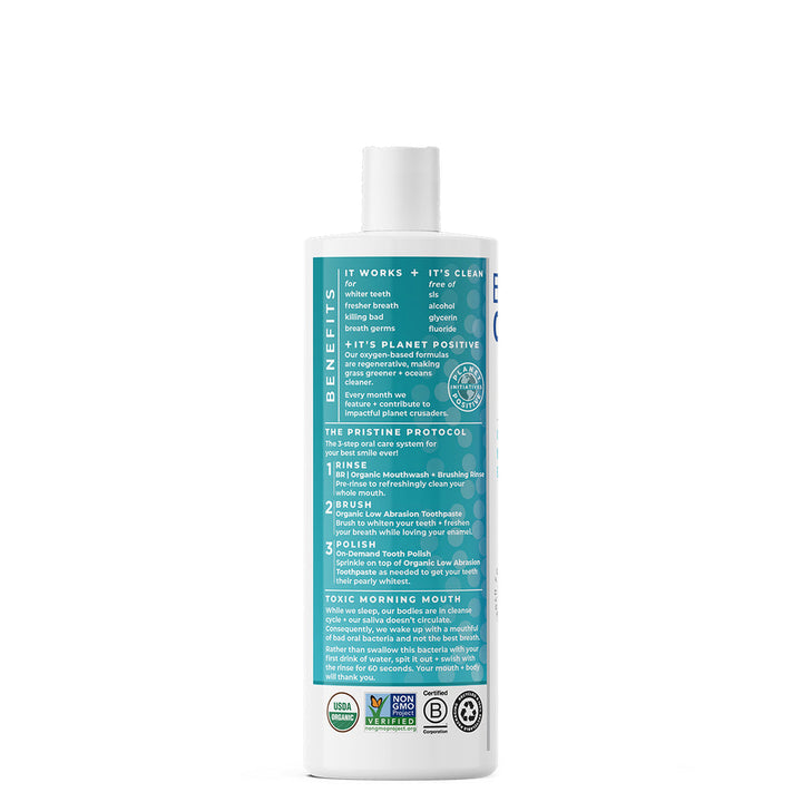 Essential Oxygen Brushing Rinse 16oz back label detailing benefits and usage instructions for oral health.