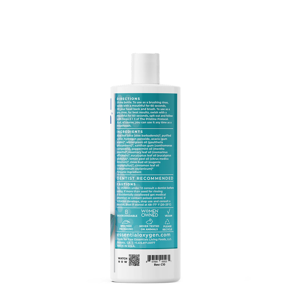 Essential Oxygen Brushing Rinse 16oz back label with ingredients and directions for fresh breath and oral health.