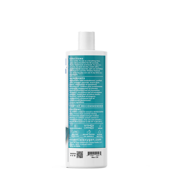 Essential Oxygen Brushing Rinse 16oz back label with ingredients and directions for fresh breath and oral health.