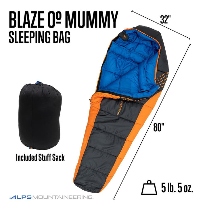 Alps Mountaineering Blaze 0° Regular Sleeping Bag 32x80 Charcoal Orange Warm