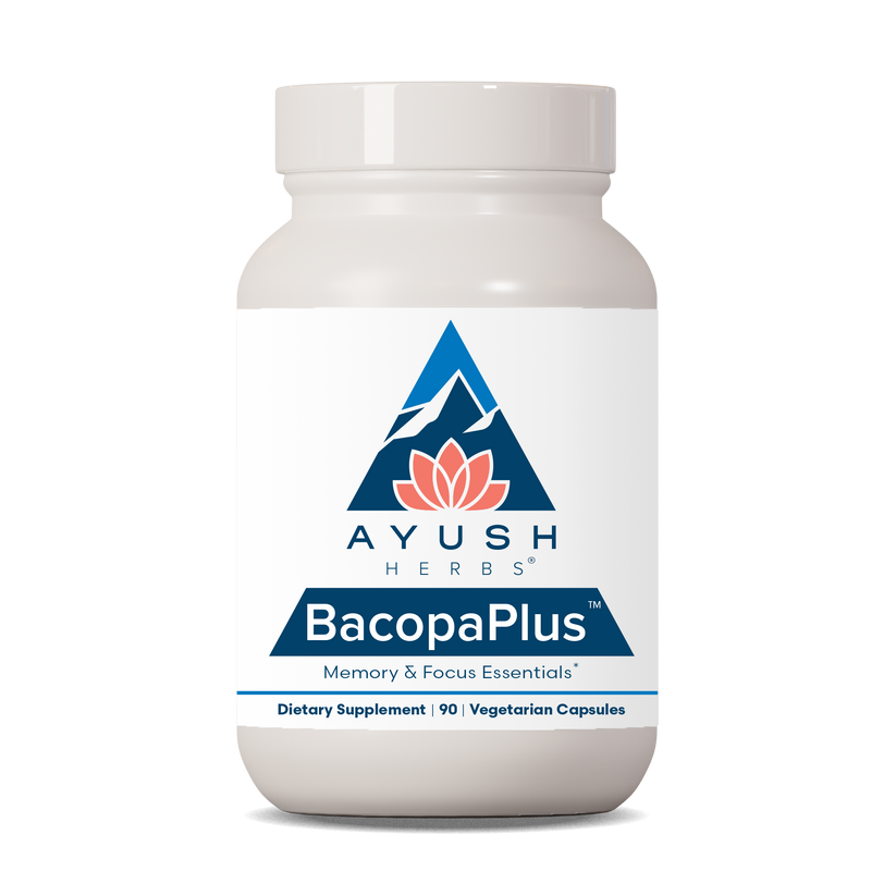 Ayush Herbs Bacopa Plus bottle for memory and focus support, dietary supplement with 90 vegetarian capsules.