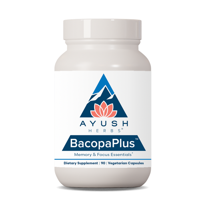 Ayush Herbs Bacopa Plus bottle for memory and focus support, dietary supplement with 90 vegetarian capsules.