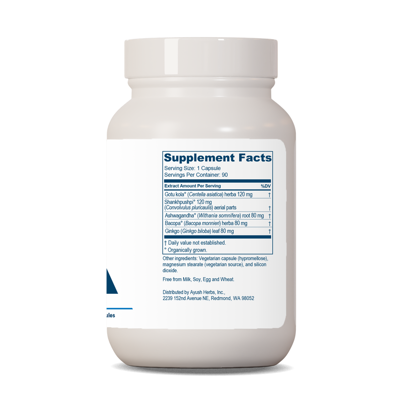 Ayush Herbs Bacopa Plus supplement facts label showing key ingredients and serving information for cognitive support.