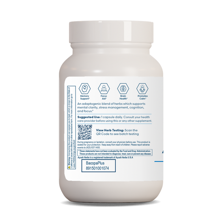 Ayush Herbs Bacopa Plus Support Nervous System 60 Caps bottle with supplement details and suggested use information.