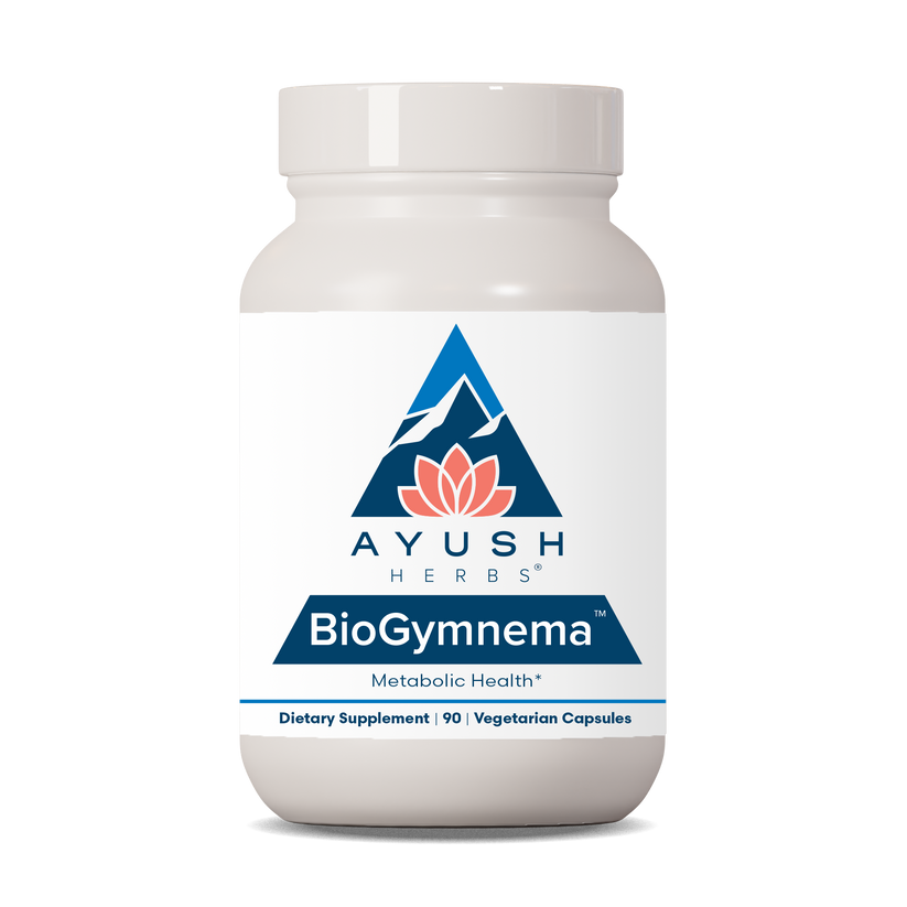 Ayush Herbs BioGymnema dietary supplement bottle with 90 vegetarian capsules for metabolic health.