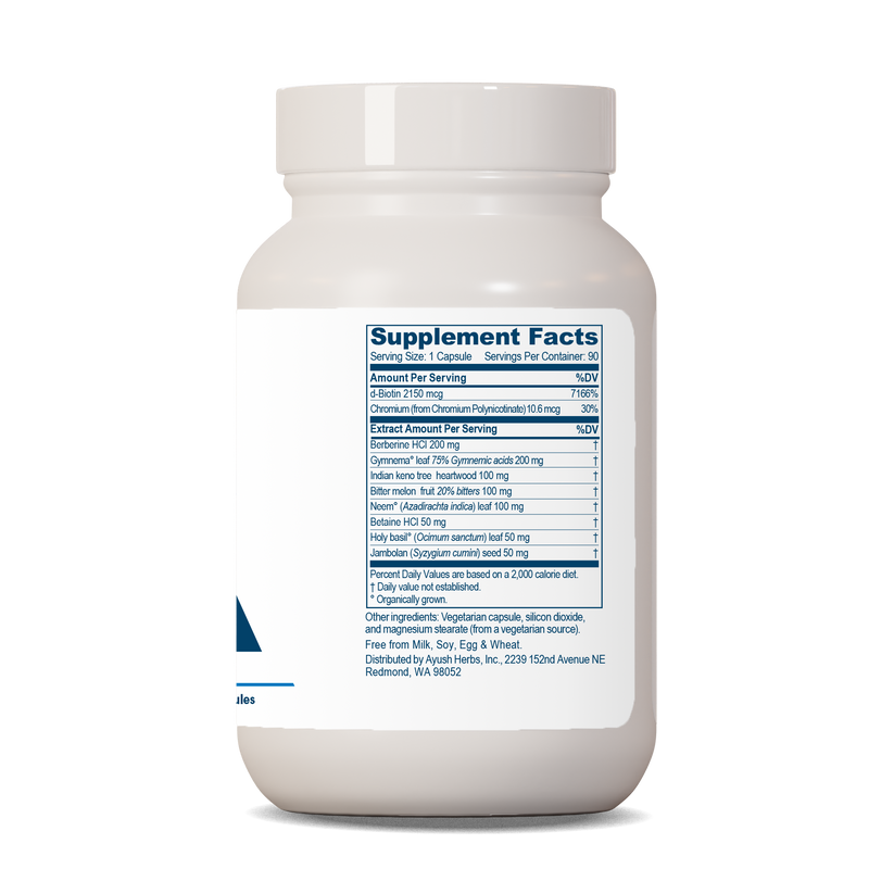 Ayush Herbs BioGymnema Metabolic Health Support supplement facts label on a white container.