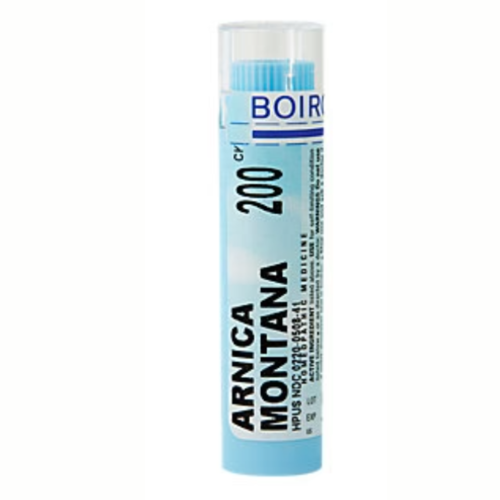 Boiron Laboratories Arnica Montana 200C 80 pellets for muscle ache support in a blue container.