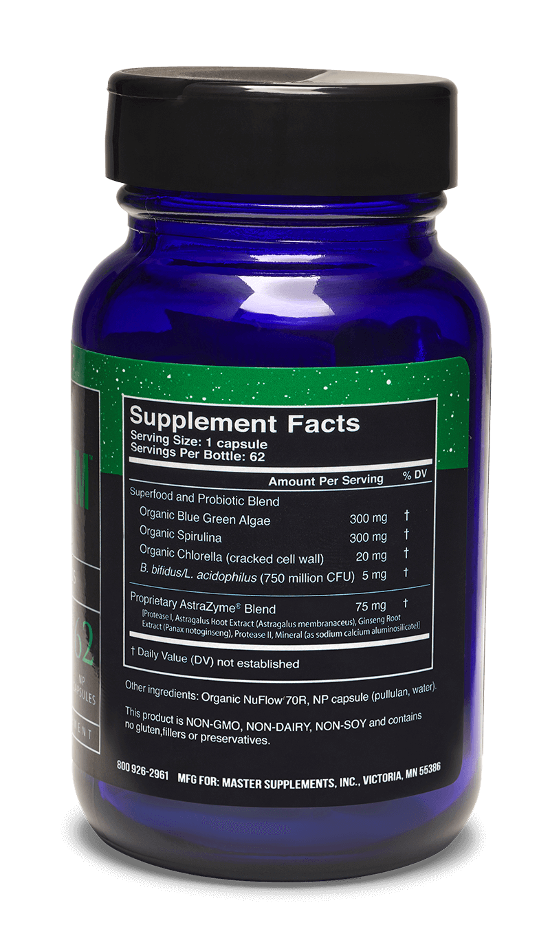 Master Supplements US Enzymes CHLORA-XYM 62 Caps bottle showing supplement facts and ingredients