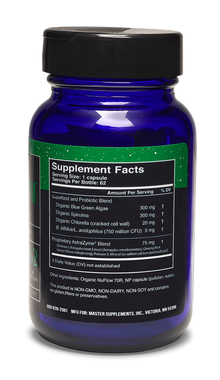 Master Supplements US Enzymes CHLORA-XYM 62 Caps bottle showing supplement facts and ingredients