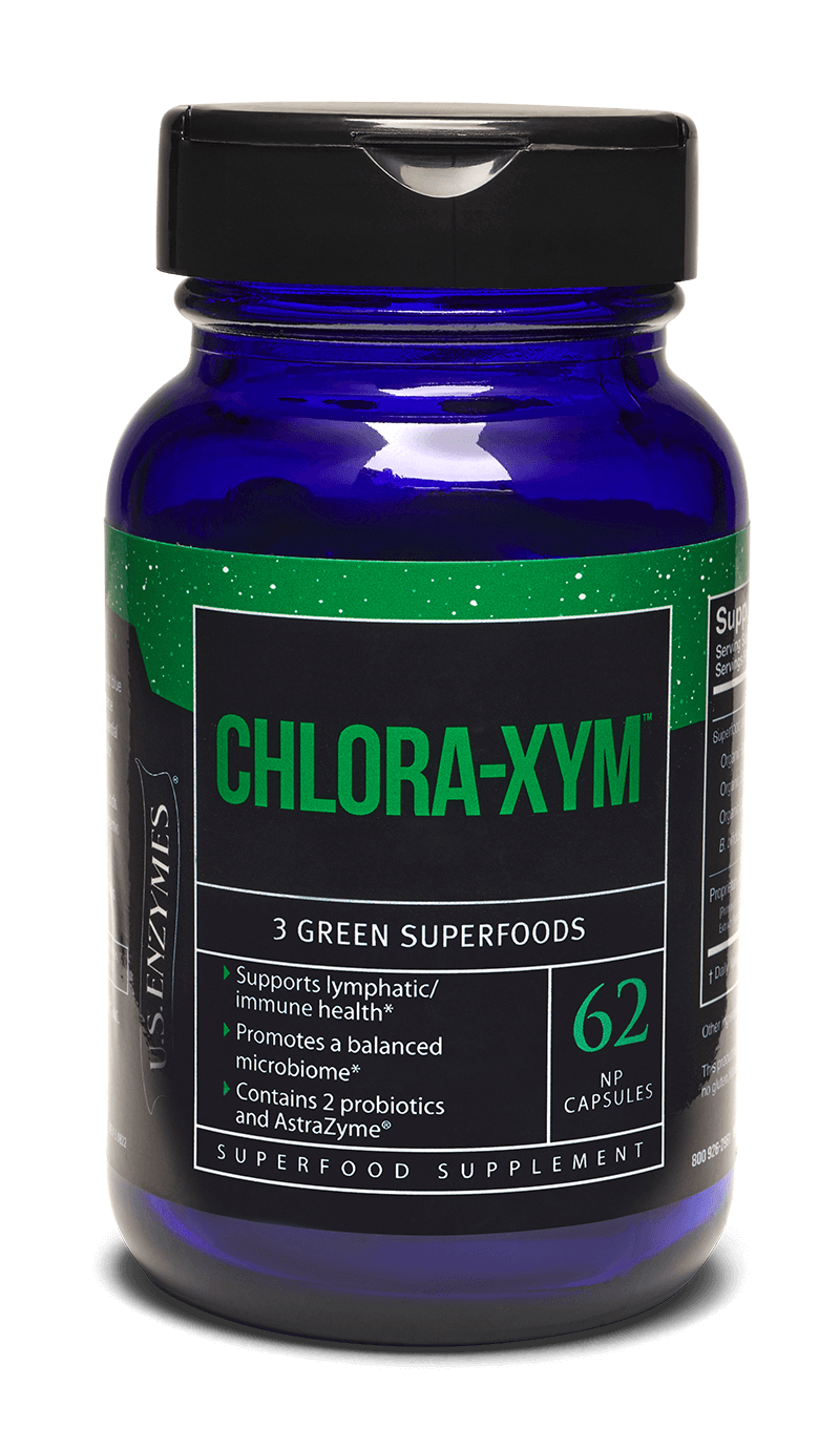 Master Supplements US Enzymes CHLORA-XYM 62 Caps Superfood Supplement bottle with green superfoods and probiotics.